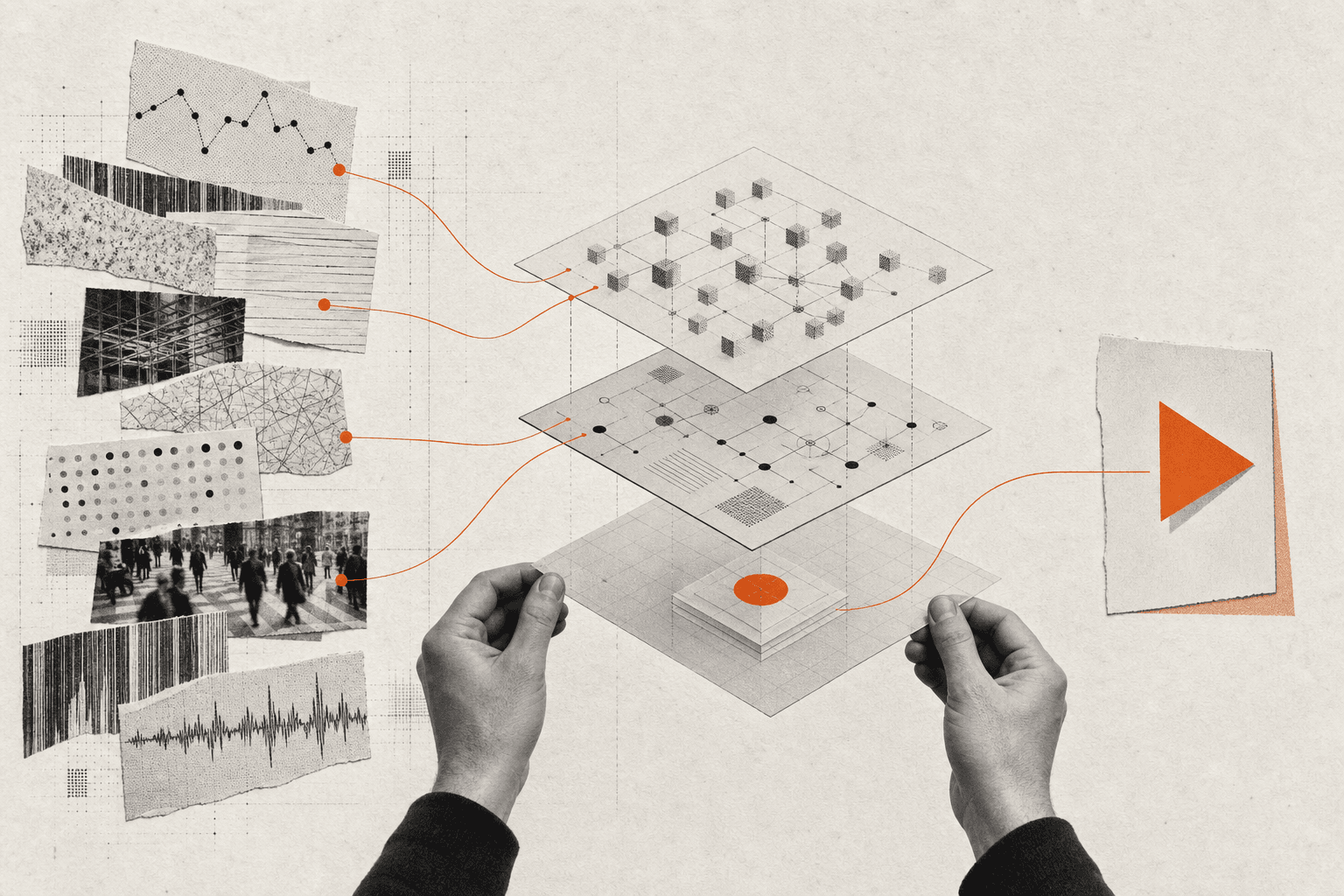 Scattered business data moving through connected data, analytics, and decision layers